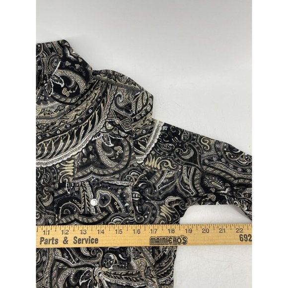 INC Black Paisley Long Sleeve Rhinestone Buttons Sheer Collared Top Shirt XL - Picture 12 of 14
